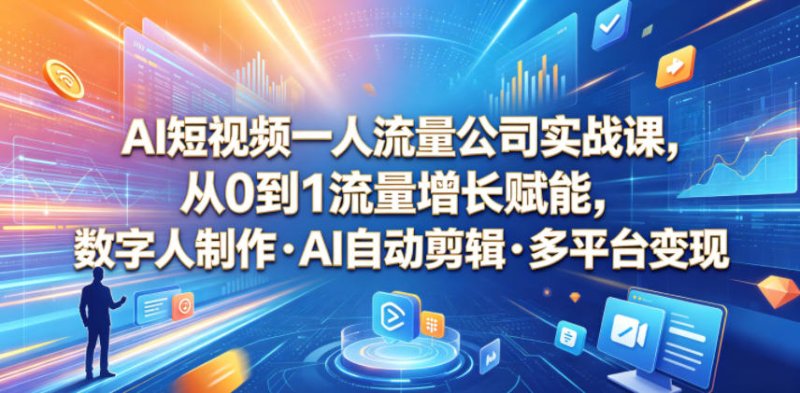 AI短视频一人流量公司实战课,从0到1流量增长赋能,数字人制作・AI自动剪辑・多平台变现,一人做流量生意全落地教程网创-网赚-电商-tk-出海-AI-抖音-快手-小红书-视频号-玩法-创业-小程序-公众号-私域-s粉网创智库