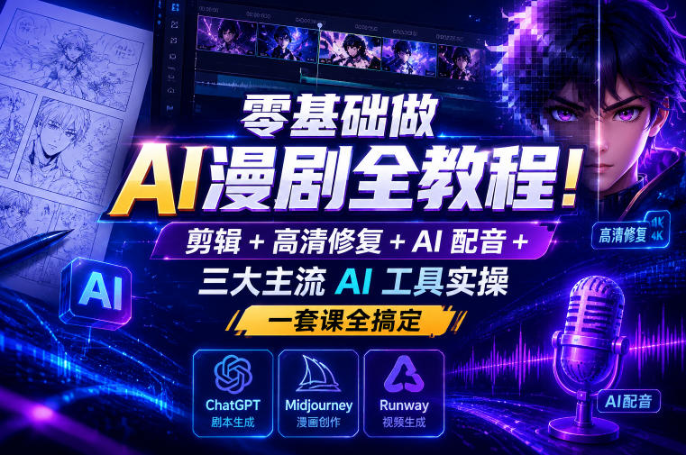 零基础做AI漫剧全教程！剪辑+高清修复+AI配音+三大主流AI工具实操，一套课全搞定网创-网赚-电商-tk-出海-AI-抖音-快手-小红书-视频号-玩法-创业-小程序-公众号-私域-s粉网创智库