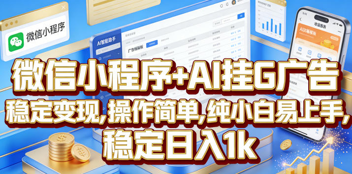 微信小程序+AI挂G广告，稳定变现，操作简单，纯小白易上手，稳定日入1k【揭秘】网创-网赚-电商-tk-出海-AI-抖音-快手-小红书-视频号-玩法-创业-小程序-公众号-私域-s粉网创智库