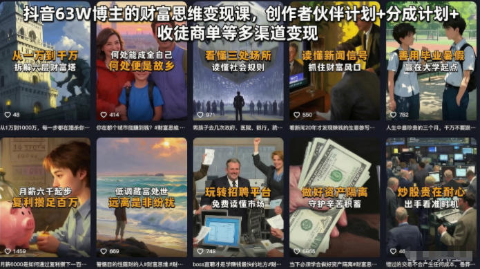 抖音63W博主的财富思维变现课，创作者伙伴计划+分成计划+收徒商单等多渠道变现网创-网赚-电商-tk-出海-AI-抖音-快手-小红书-视频号-玩法-创业-小程序-公众号-私域-s粉网创智库