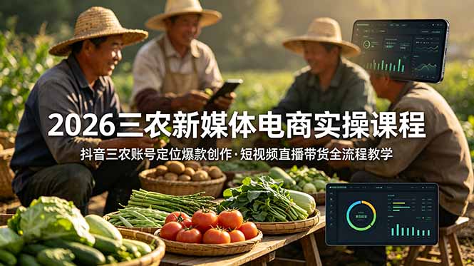 2026三农新媒体电商实操课程：抖音三农账号定位爆款创作，短视频直播带货全流程教学网创-网赚-电商-tk-出海-AI-抖音-快手-小红书-视频号-玩法-创业-小程序-公众号-私域-s粉网创智库