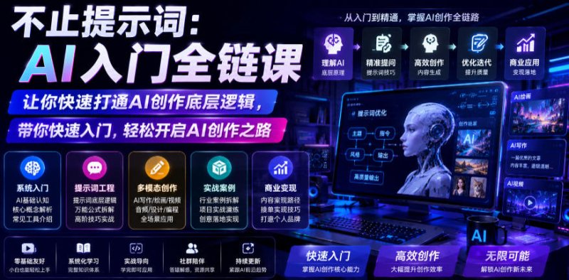 不止提示词：AI入门全链课，让你快速打通AI创作底层逻辑，带你快速入门，轻松开启AI创作之路网创-网赚-电商-tk-出海-AI-抖音-快手-小红书-视频号-玩法-创业-小程序-公众号-私域-s粉网创智库