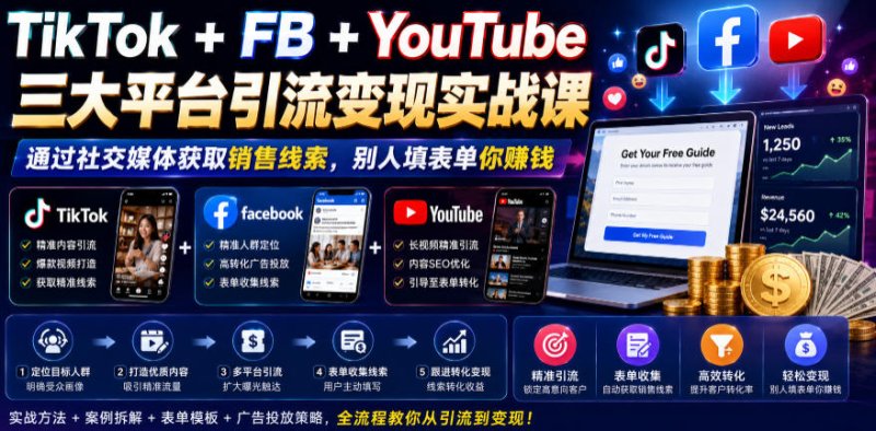 TikTok+FB+YouTube三大平台引流变现实战课，通过社交媒体获取销售线索，别人填表单你賺钱【原创双语字幕】网创-网赚-电商-tk-出海-AI-抖音-快手-小红书-视频号-玩法-创业-小程序-公众号-私域-s粉网创智库