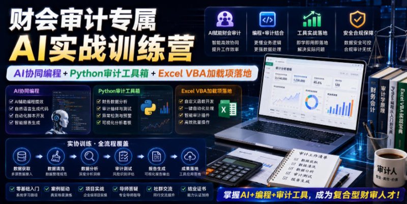 财会审计专属AI实战训练营｜AI协同编程+Python审计工具箱+Excel VBA加载项落地网创-网赚-电商-tk-出海-AI-抖音-快手-小红书-视频号-玩法-创业-小程序-公众号-私域-s粉网创智库