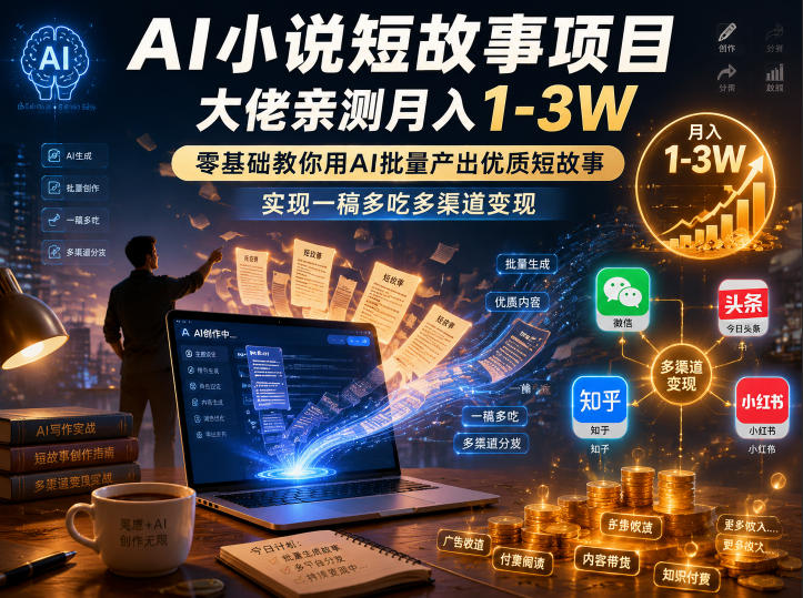 AI小说短故事项目，大佬亲测月入1-3W，零基础教你用AI批量产出优质短故事，实现一稿多吃多渠道变现(更新0624)网创-网赚-电商-tk-出海-AI-抖音-快手-小红书-视频号-玩法-创业-小程序-公众号-私域-s粉网创智库