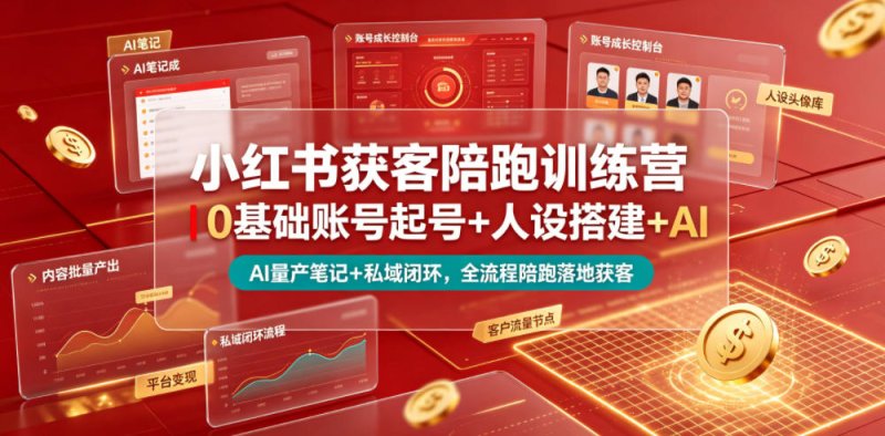 小红书获客陪跑训练营｜0基础账号起号+人设搭建+AI量产笔记+平台变现+私域闭环，全流程陪跑落地获客网创-网赚-电商-tk-出海-AI-抖音-快手-小红书-视频号-玩法-创业-小程序-公众号-私域-s粉网创智库