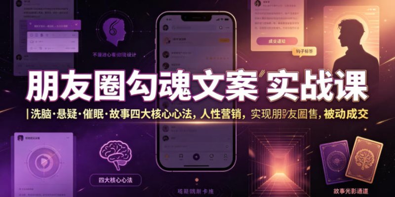 朋友圈勾魂文案实战课｜洗脑·悬疑·催眠·故事四大核心心法，吃透人性营销，实现朋友圈不销而售被动成交网创-网赚-电商-tk-出海-AI-抖音-快手-小红书-视频号-玩法-创业-小程序-公众号-私域-s粉网创智库