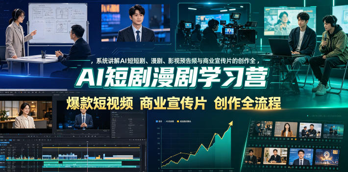 AI短剧漫剧学习营，系统讲解AI短剧、漫剧、影视预告片、爆款短视频与商业宣传片的创作全流程网创-网赚-电商-tk-出海-AI-抖音-快手-小红书-视频号-玩法-创业-小程序-公众号-私域-s粉网创智库