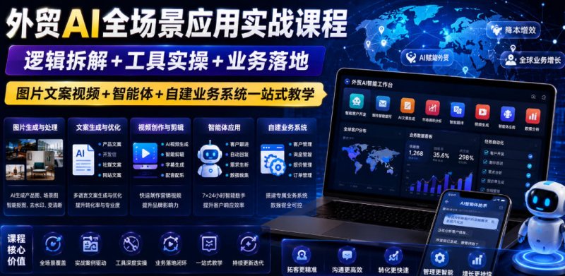 外贸AI全场景应用实战课程｜逻辑拆解+工具实操+业务落地，图片文案视频+智能体+自建业务系统一站式教学网创-网赚-电商-tk-出海-AI-抖音-快手-小红书-视频号-玩法-创业-小程序-公众号-私域-s粉网创智库