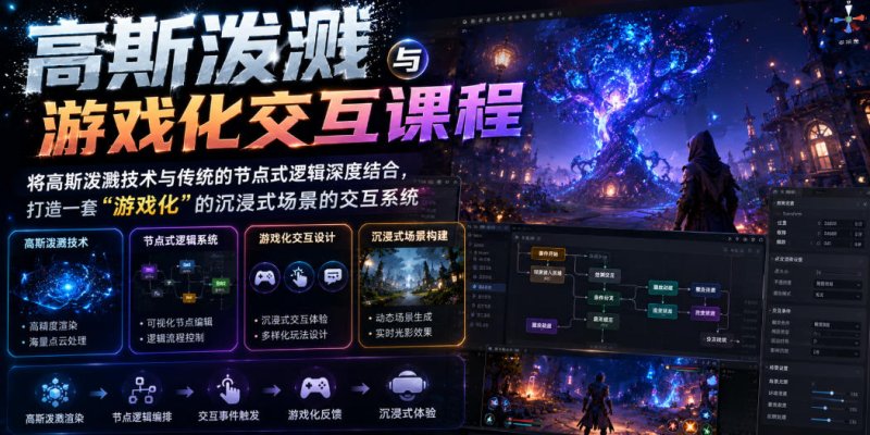 高斯泼溅与游戏化交互课程，将高斯泼溅技术与传统的节点式逻辑深度结合，打造一套“游戏化”的沉浸式场景的交互系统网创-网赚-电商-tk-出海-AI-抖音-快手-小红书-视频号-玩法-创业-小程序-公众号-私域-s粉网创智库