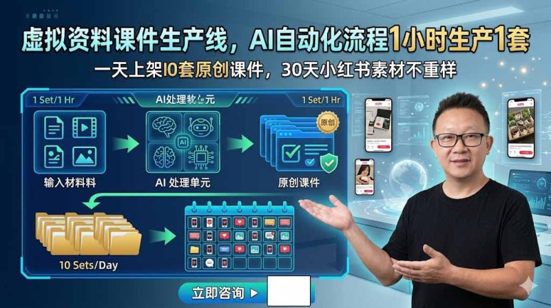 虚拟资料课件生产线，AI自动化流程1小时生产1套，一天上架10套原创课件，30天小红书素材不重样网创-网赚-电商-tk-出海-AI-抖音-快手-小红书-视频号-玩法-创业-小程序-公众号-私域-s粉网创智库