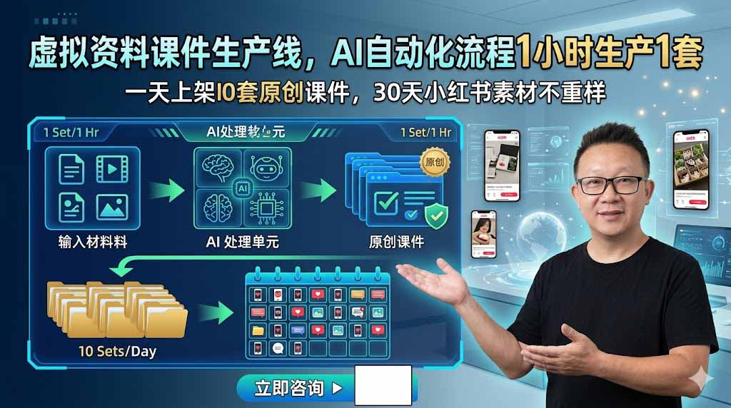 虚拟资料课件生产线，AI自动化流程1小时生产1套，一天上架10套原创课件，30天小红书素材不重样 - 网创智库网创-网赚-电商-tk-出海-AI-抖音-快手-小红书-视频号-玩法-创业-小程序-公众号-私域-s粉网创智库