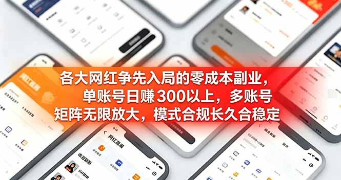 各大网红争先入局的零成本副业，单账号日赚 300 以上，多号矩阵可放大，模式合规长久稳定！网创-网赚-电商-tk-出海-AI-抖音-快手-小红书-视频号-玩法-创业-小程序-公众号-私域-s粉网创智库