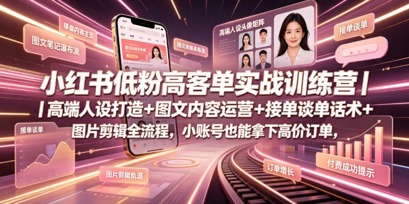 小红书低粉高客单实战训练营｜高端人设打造+图文内容运营+接单谈单话术+图片剪辑全流程，小账号也能拿下高价订单网创-网赚-电商-tk-出海-AI-抖音-快手-小红书-视频号-玩法-创业-小程序-公众号-私域-s粉网创智库