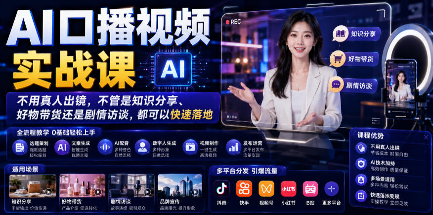 AI口播视频实战课，不用真人出镜，不管是知识分享、好物带货还是剧情访谈，都可以快速落地 - 网创智库网创-网赚-电商-tk-出海-AI-抖音-快手-小红书-视频号-玩法-创业-小程序-公众号-私域-s粉网创智库