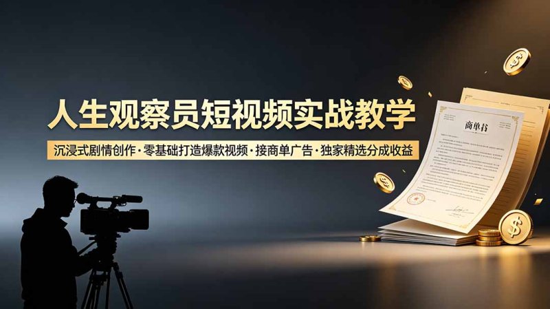 人生观察员短视频实战教学，沉浸式剧情创作，零基础打造爆款视频，接商单广告，独家精选分成收益网创-网赚-电商-tk-出海-AI-抖音-快手-小红书-视频号-玩法-创业-小程序-公众号-私域-s粉网创智库
