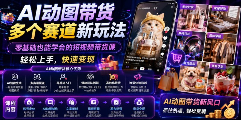 AI动图带货多个赛道新玩法，零基础也能学会的短视频带货课，轻松上手，快速变现网创-网赚-电商-tk-出海-AI-抖音-快手-小红书-视频号-玩法-创业-小程序-公众号-私域-s粉网创智库