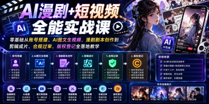 AI漫剧+短视频全能实战课｜零基础从账号搭建、AI图文生视频、漫剧剧本创作到剪辑成片、合规过审、版权登记全落地教学网创-网赚-电商-tk-出海-AI-抖音-快手-小红书-视频号-玩法-创业-小程序-公众号-私域-s粉网创智库