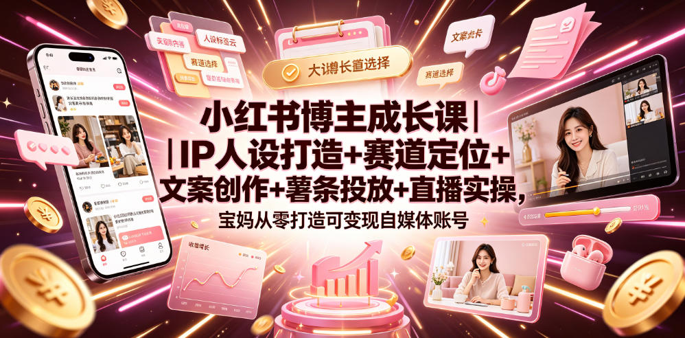 小红书博主成长课｜IP人设打造+赛道定位+文案创作+薯条投放+直播实操，宝妈从零打造可变现自媒体账号 - 网创智库网创-网赚-电商-tk-出海-AI-抖音-快手-小红书-视频号-玩法-创业-小程序-公众号-私域-s粉网创智库