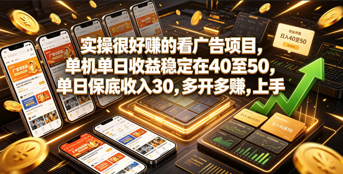实操很好賺的看广告项目，单机单日收益稳定在40至50，单日保底收入30，多开多賺，上手就能变现【揭秘】网创-网赚-电商-tk-出海-AI-抖音-快手-小红书-视频号-玩法-创业-小程序-公众号-私域-s粉网创智库