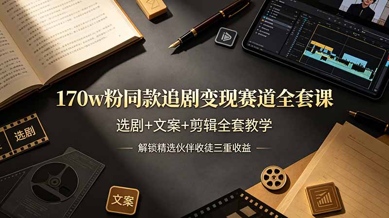 170w粉博主同款追剧变现赛道全套课，选剧+文案+剪辑全套教学，解锁精选伙伴收徒三重收益网创-网赚-电商-tk-出海-AI-抖音-快手-小红书-视频号-玩法-创业-小程序-公众号-私域-s粉网创智库