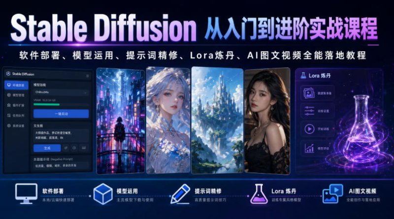 Stable Diffusion从入门到进阶实战课程|软件部署、模型运用、提示词精修、Lora炼丹、AI图文视频全能落地教程网创-网赚-电商-tk-出海-AI-抖音-快手-小红书-视频号-玩法-创业-小程序-公众号-私域-s粉网创智库