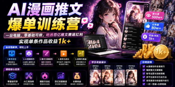 AI漫画推文爆单训练营，一台电脑，零基础可做，吃透百亿推文赛道红利，实现单条作品收益1k+网创-网赚-电商-tk-出海-AI-抖音-快手-小红书-视频号-玩法-创业-小程序-公众号-私域-s粉网创智库