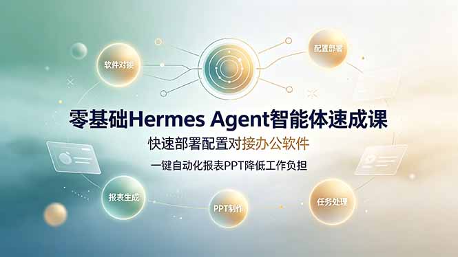 零基础Hermes Agent智能体速成课，快速部署配置对接办公软件；一键自动化报表PPT降低工作负担网创-网赚-电商-tk-出海-AI-抖音-快手-小红书-视频号-玩法-创业-小程序-公众号-私域-s粉网创智库