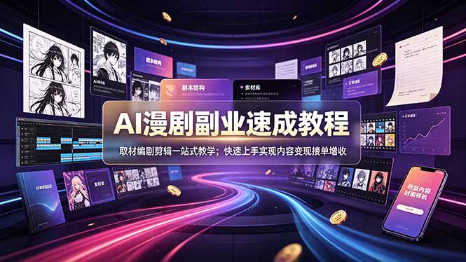 AI漫剧副业速成教程，取材编剧剪辑一站式教学；快速上手实现内容变现接单增收网创-网赚-电商-tk-出海-AI-抖音-快手-小红书-视频号-玩法-创业-小程序-公众号-私域-s粉网创智库