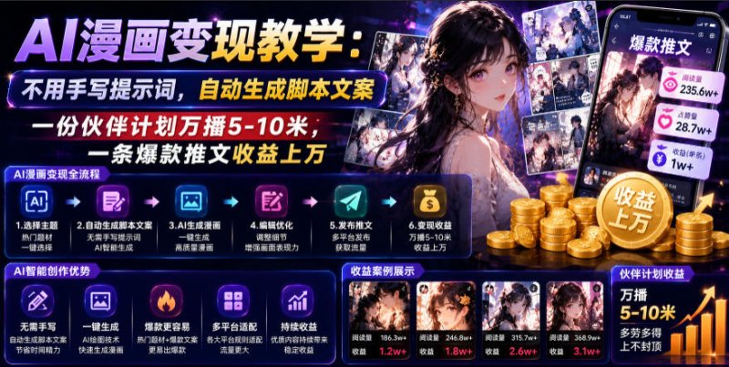 AI漫画变现教学：不用手写提示词，自动生成脚本文案，一份伙伴计划万播5-10米，一条爆款推文收益上W网创-网赚-电商-tk-出海-AI-抖音-快手-小红书-视频号-玩法-创业-小程序-公众号-私域-s粉网创智库