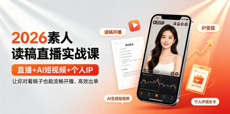 2026素人读稿直播实战课｜直播+AI短视频+个人IP，让你对着稿子也能流畅开播、高效出单网创-网赚-电商-tk-出海-AI-抖音-快手-小红书-视频号-玩法-创业-小程序-公众号-私域-s粉网创智库