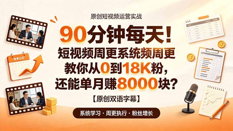 90 分钟每天!短视频周更系统教你从 0 到 18K 粉,还能单月赚 8000 块?【原创双语字幕】网创-网赚-电商-tk-出海-AI-抖音-快手-小红书-视频号-玩法-创业-小程序-公众号-私域-s粉网创智库