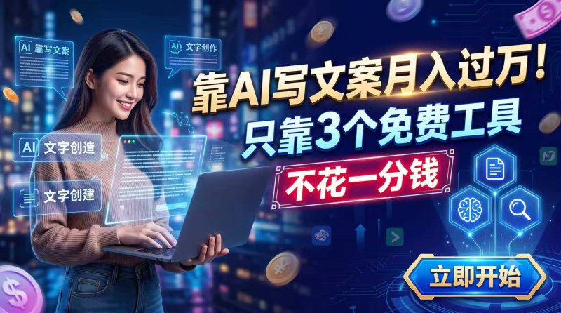 靠AI写文案月入过万，只靠3个免费工具，不花一分钱网创-网赚-电商-tk-出海-AI-抖音-快手-小红书-视频号-玩法-创业-小程序-公众号-私域-s粉网创智库