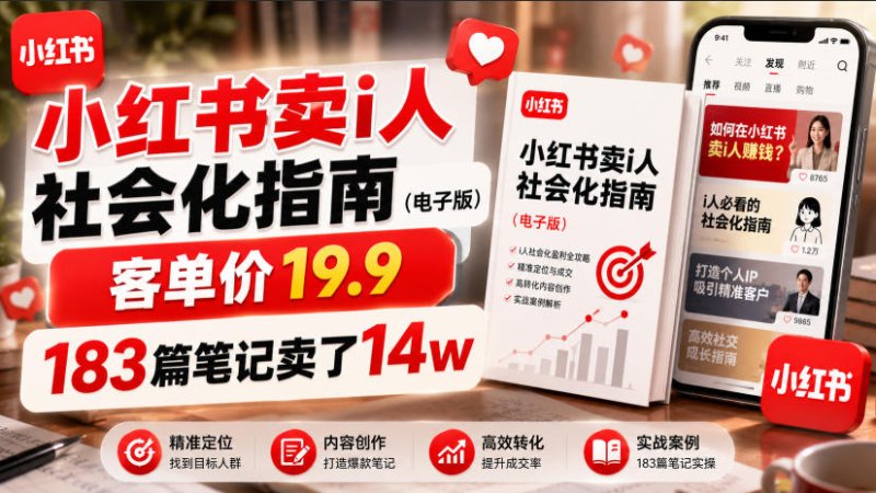 小红书卖I人社会化指南(电子版)，客单价19.9，183篇笔记卖了14w！网创-网赚-电商-tk-出海-AI-抖音-快手-小红书-视频号-玩法-创业-小程序-公众号-私域-s粉网创智库