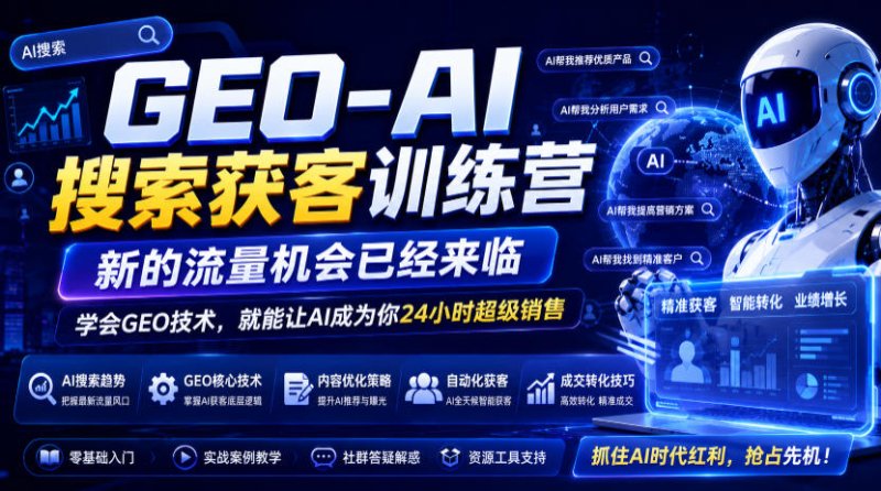 GEO-AI搜索获客训练营,新的流量机会已经来临,学会GEO技术,就能让AI成为你24小时超级销售网创-网赚-电商-tk-出海-AI-抖音-快手-小红书-视频号-玩法-创业-小程序-公众号-私域-s粉网创智库