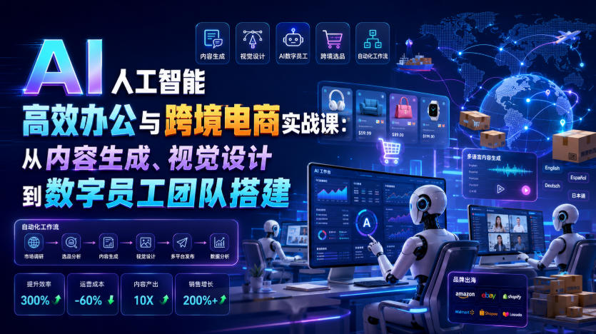 AI人工智能高效办公与跨境电商实战课：从内容生成、视觉设计到数字员工团队搭建 - 网创智库网创-网赚-电商-tk-出海-AI-抖音-快手-小红书-视频号-玩法-创业-小程序-公众号-私域-s粉网创智库