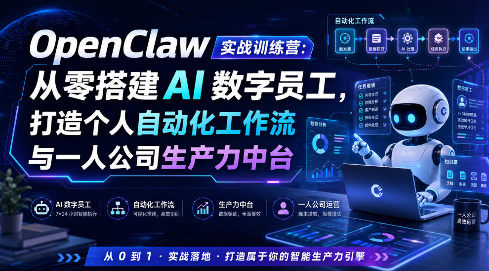 OpenClaw实战训练营：从零搭建AI数字员工，打造个人自动化工作流与一人公司生产力中台 - 网创智库网创-网赚-电商-tk-出海-AI-抖音-快手-小红书-视频号-玩法-创业-小程序-公众号-私域-s粉网创智库