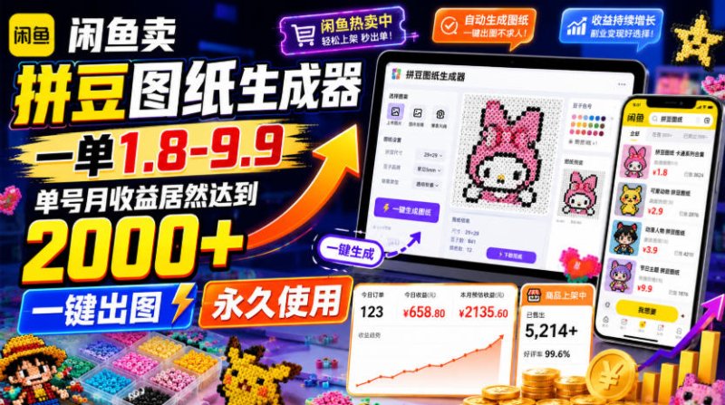 闲鱼卖拼豆图纸生成器,一单1.8-9.9,单号月收益居然达到2000+一键出图永久使用网创-网赚-电商-tk-出海-AI-抖音-快手-小红书-视频号-玩法-创业-小程序-公众号-私域-s粉网创智库