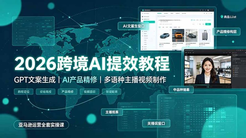 2026跨境AI提效教程·GPT文案生成｜AI产品精修｜多语种主播视频制作，亚马逊运营全套实操课网创-网赚-电商-tk-出海-AI-抖音-快手-小红书-视频号-玩法-创业-小程序-公众号-私域-s粉网创智库