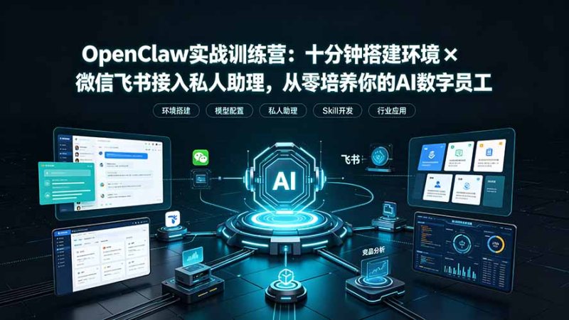OpenClaw实战特训营：十分钟搭建环境×微信飞书接入私人助理，从零培养你的AI数字员工网创-网赚-电商-tk-出海-AI-抖音-快手-小红书-视频号-玩法-创业-小程序-公众号-私域-s粉网创智库