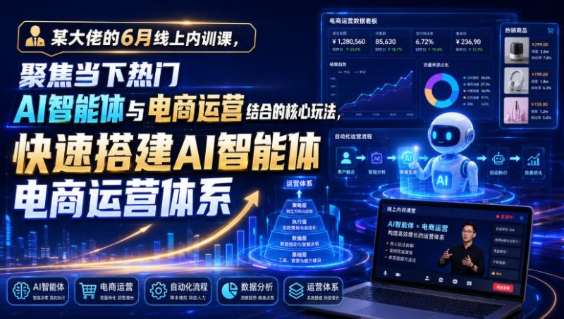 某大佬的6月线上内训课，聚焦当下热门AI智能体与电商运营结合的核心玩法，快速搭建AI智能体电商运营体系网创-网赚-电商-tk-出海-AI-抖音-快手-小红书-视频号-玩法-创业-小程序-公众号-私域-s粉网创智库