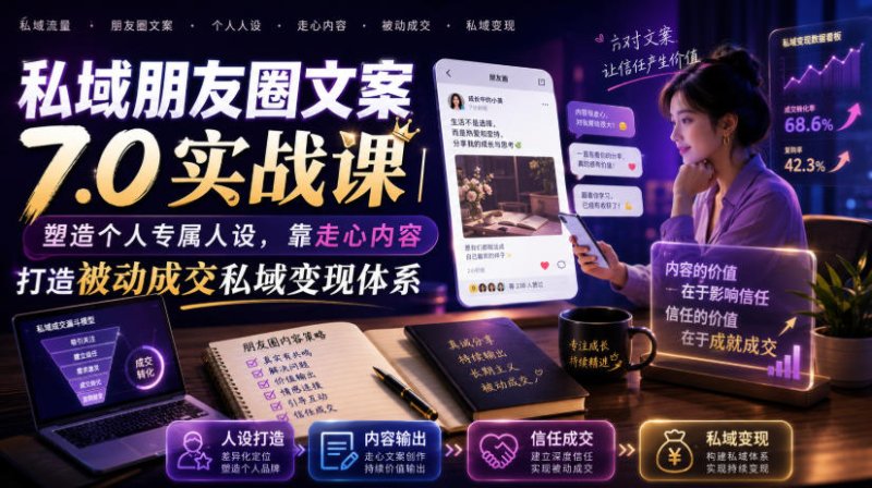 私域朋友圈文案7.0实战课|塑造个人专属人设,靠走心内容打造被动成交私域变现体系网创-网赚-电商-tk-出海-AI-抖音-快手-小红书-视频号-玩法-创业-小程序-公众号-私域-s粉网创智库