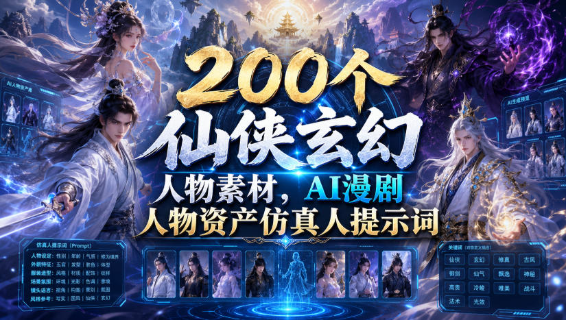 200个仙侠玄幻人物素材，AI漫剧人物资产仿真人提示词 - 网创智库网创-网赚-电商-tk-出海-AI-抖音-快手-小红书-视频号-玩法-创业-小程序-公众号-私域-s粉网创智库