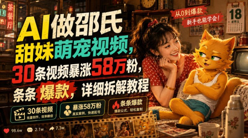 AI做邵氏甜妹萌宠视频，30条视频暴涨58万粉，条条爆款，详细拆解教程网创-网赚-电商-tk-出海-AI-抖音-快手-小红书-视频号-玩法-创业-小程序-公众号-私域-s粉网创智库