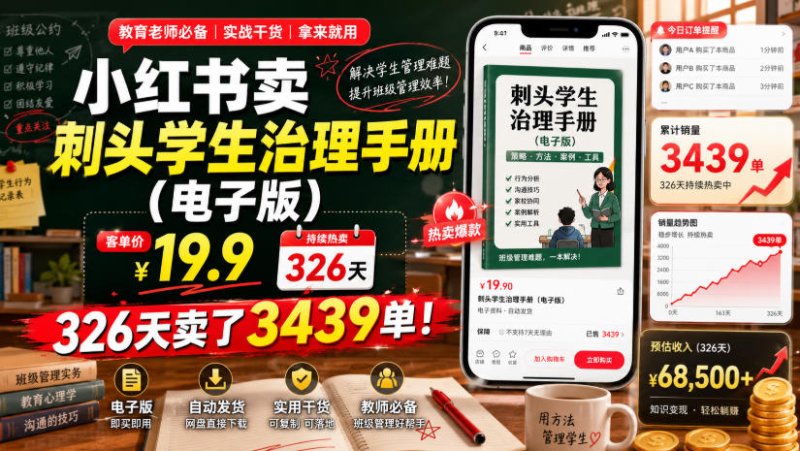 小红书卖刺头学生治理手册(电子版)，客单价19.9，326天卖了3439单！网创-网赚-电商-tk-出海-AI-抖音-快手-小红书-视频号-玩法-创业-小程序-公众号-私域-s粉网创智库