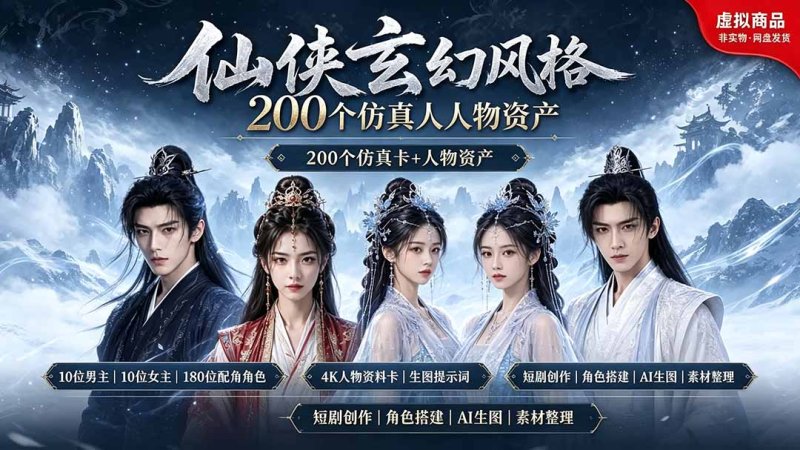 200个仙侠玄幻仿真人素材◆10男主×10女主×180配角，4K资料卡+AI生图提示词，漫剧必备网创-网赚-电商-tk-出海-AI-抖音-快手-小红书-视频号-玩法-创业-小程序-公众号-私域-s粉网创智库