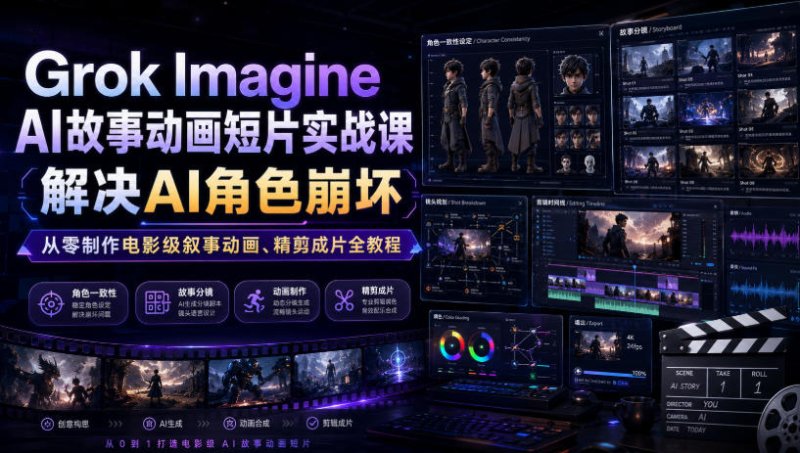 Grok Imagine AI故事动画短片实战课|解决AI角色崩坏,从零制作电影级叙事动画、精剪成片全教程(中英字幕)网创-网赚-电商-tk-出海-AI-抖音-快手-小红书-视频号-玩法-创业-小程序-公众号-私域-s粉网创智库