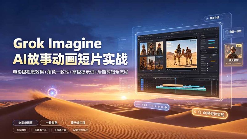 Grok Imagine AI故事动画短片实战:电影级视觉效果+角色一致性+高级提示词+后期剪辑全流程网创-网赚-电商-tk-出海-AI-抖音-快手-小红书-视频号-玩法-创业-小程序-公众号-私域-s粉网创智库