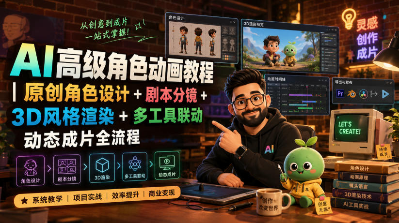 AI高级角色动画教程｜原创角色设计+剧本分镜+3D风格渲染+多工具联动动态成片全流程【中英字幕】 - 网创智库网创-网赚-电商-tk-出海-AI-抖音-快手-小红书-视频号-玩法-创业-小程序-公众号-私域-s粉网创智库