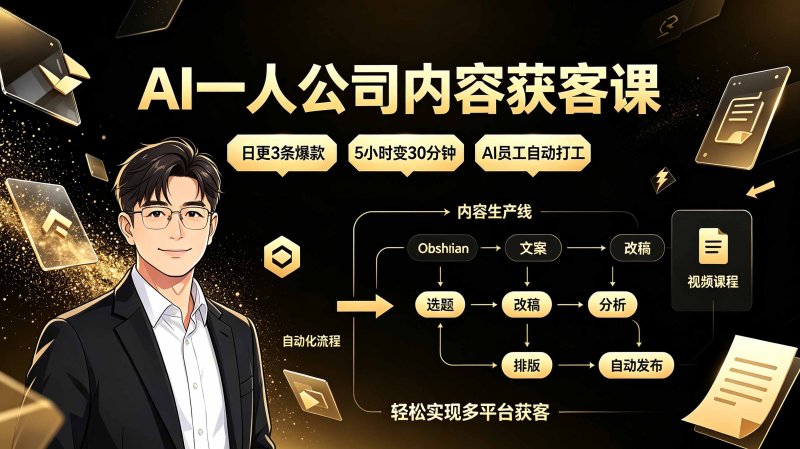 AI一人公司内容获客课:日更3条爆款×5小时变30分钟×AI员工自动打工,轻松实现多平台获客网创-网赚-电商-tk-出海-AI-抖音-快手-小红书-视频号-玩法-创业-小程序-公众号-私域-s粉网创智库